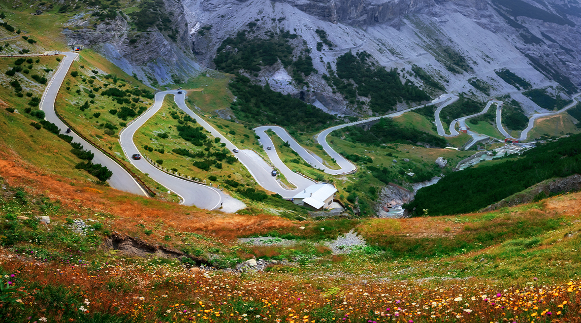 Austrian mountain overlooking a winding road surrounded by colourful spring flowers and foliage